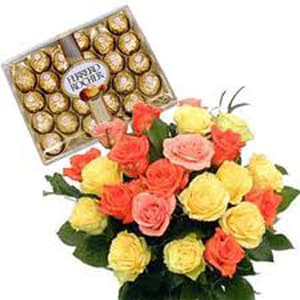 Mix Roses Bunch with Ferrero Rochers Chocolates